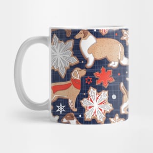 Catching ice and sweetness // pattern // navy blue background gingerbread white brown grey and dogs and snowflakes neon red details Mug